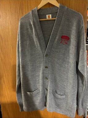 Gray Men's Button-Front Cardigan with Red Crest Embroidery